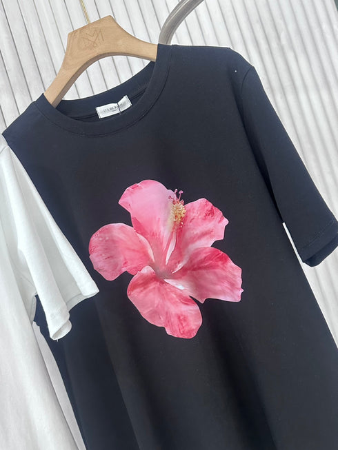 Solid Color Flower Print T-shirts